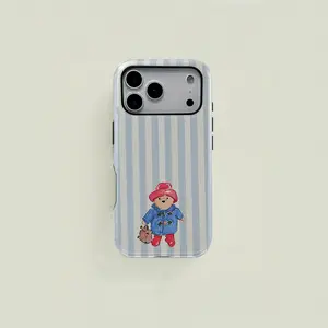 1 Pc Paddington Bear Striped Background Solid 2-in-1 Protective Case for iPhone 17/16/15 Pro/14/13/12/11 Pro Max/14 Plus/15 Plus/16 Plus/17 Plus and Samsung Galaxy S25/S24/S23 Ultra, Protective Case, Couple Mobile Phone Case, Boyfriend Holiday Gift, Cover