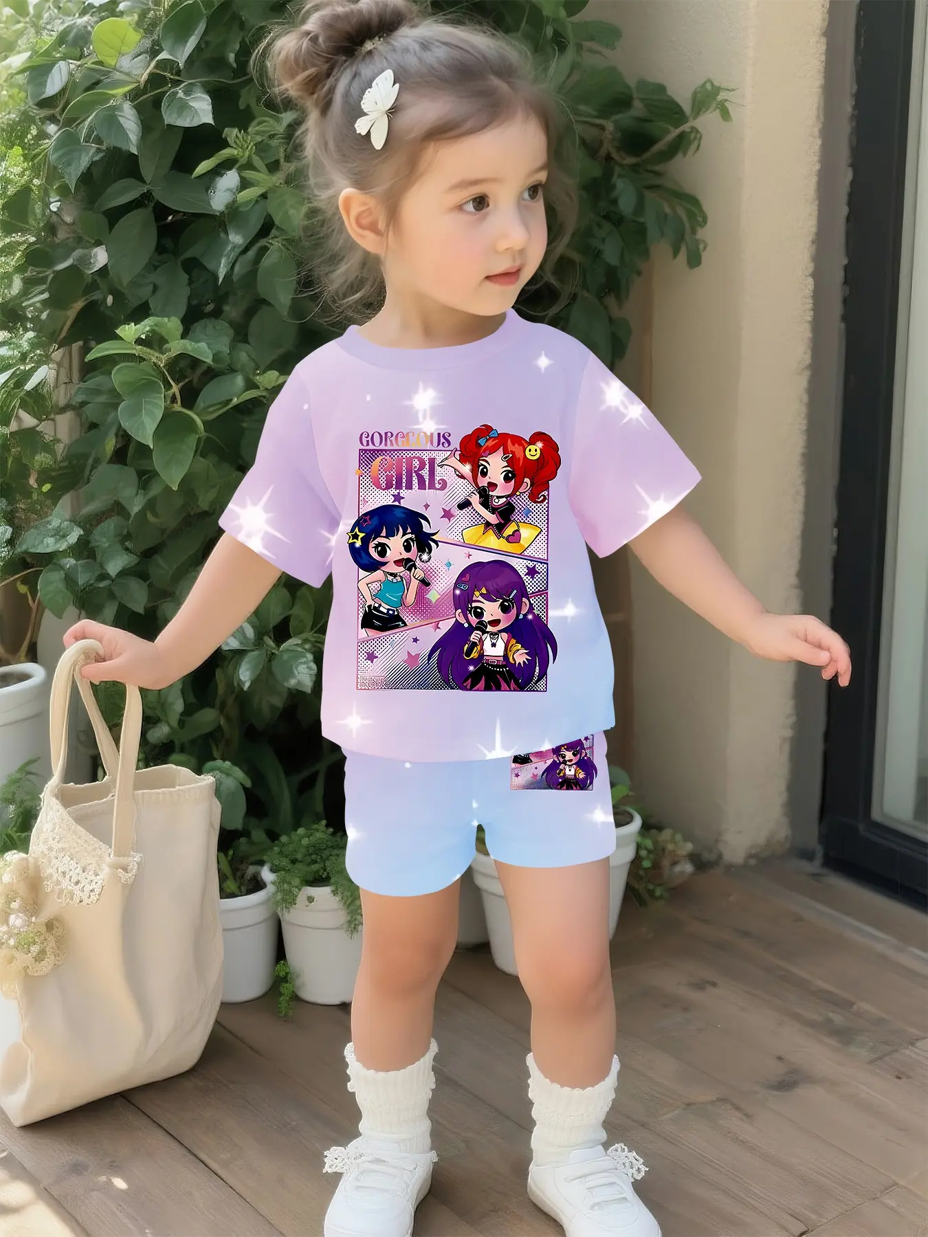Cartoon girl baby suit with digital printing, 100% polyester baby short-sleeve suit, cute baby girl casual clothing, suitable for daily and outdoor sports T-shirts, Vintage Girly Clothes, Cute clothing set