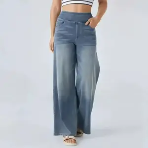 High Waisted Multiple Pockets Baggy Wide Leg Washed Stretchy Knit Casual Jeans Pants Denim#Summertime#Summer Women