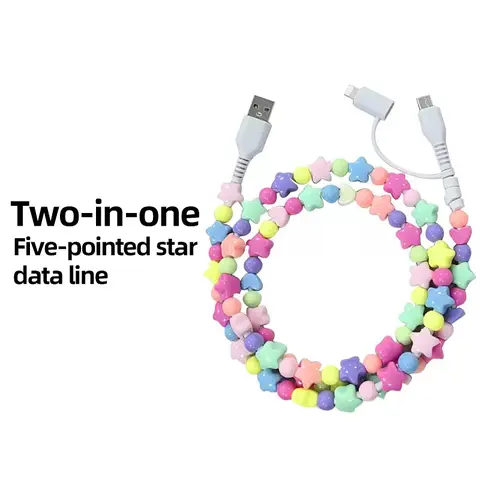 1m 2-in-1 5-Pointed Star Beads Cord 4-in-1 Charging Cable - USB Charger with USB-C/Lightning Connectors for Electronic Devices, iPhone 15/16, iPad, Samsung Mobile