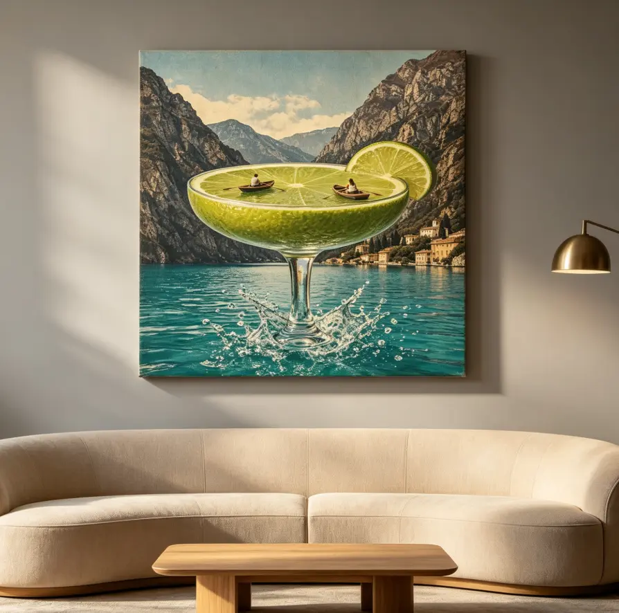 Surreal Lemon Cocktail Collage Art Print: Rowboats, Mountains, Retro Fjord Wall Art