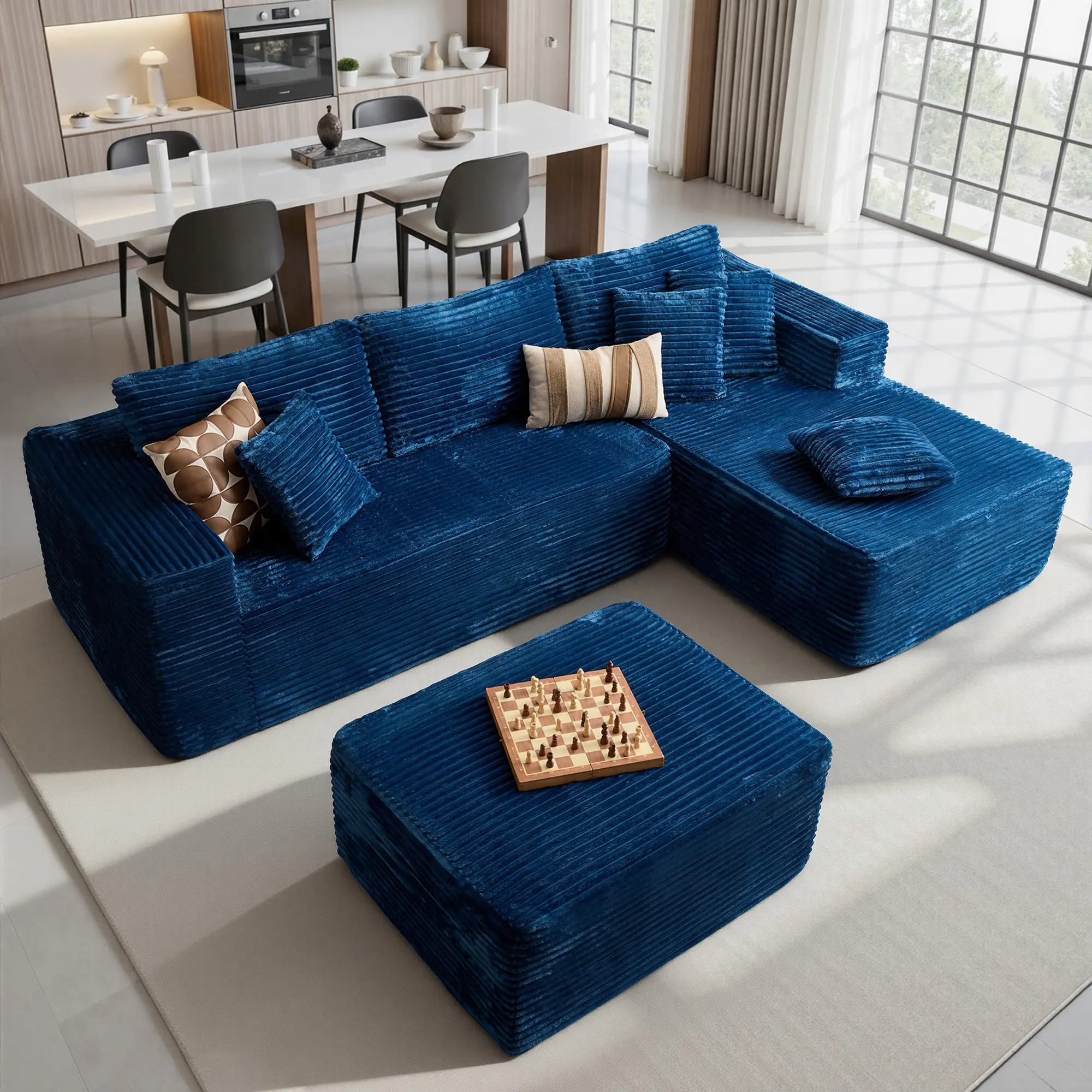 Blue Corduroy Right Chaise With Ottoman