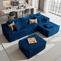 Blue Corduroy Right Chaise With Ottoman