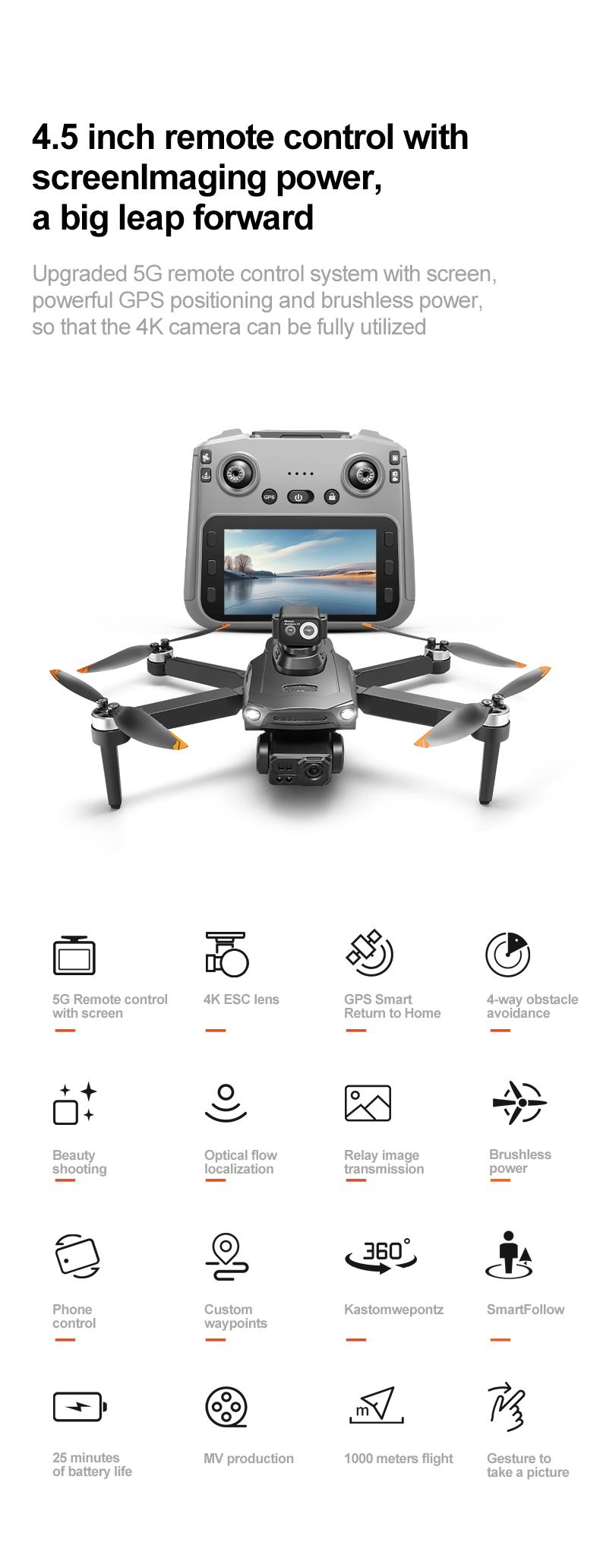 YCMDCGIE 4K ESC Camera Drone with Brushless Motor, Upgraded 4.5-Inch Screen, Foldable Drone, AI Obstacle Avoidance, GPS Smart Return, Gesture Photography, Intelligent Follow, Custom Waypoint Flight, Dual Battery with 50 Minutes Endurance