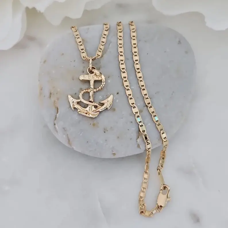 14K Heavy Gold Plated Gold Anchor Necklace with 2mm Mariner Chain