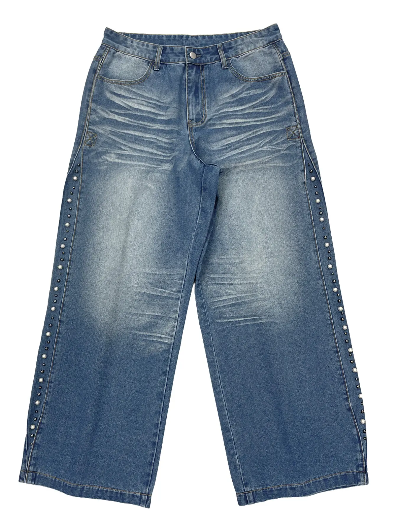 Men's Light Blue Washed Straight Leg Jeans, Vintage Y2K Style