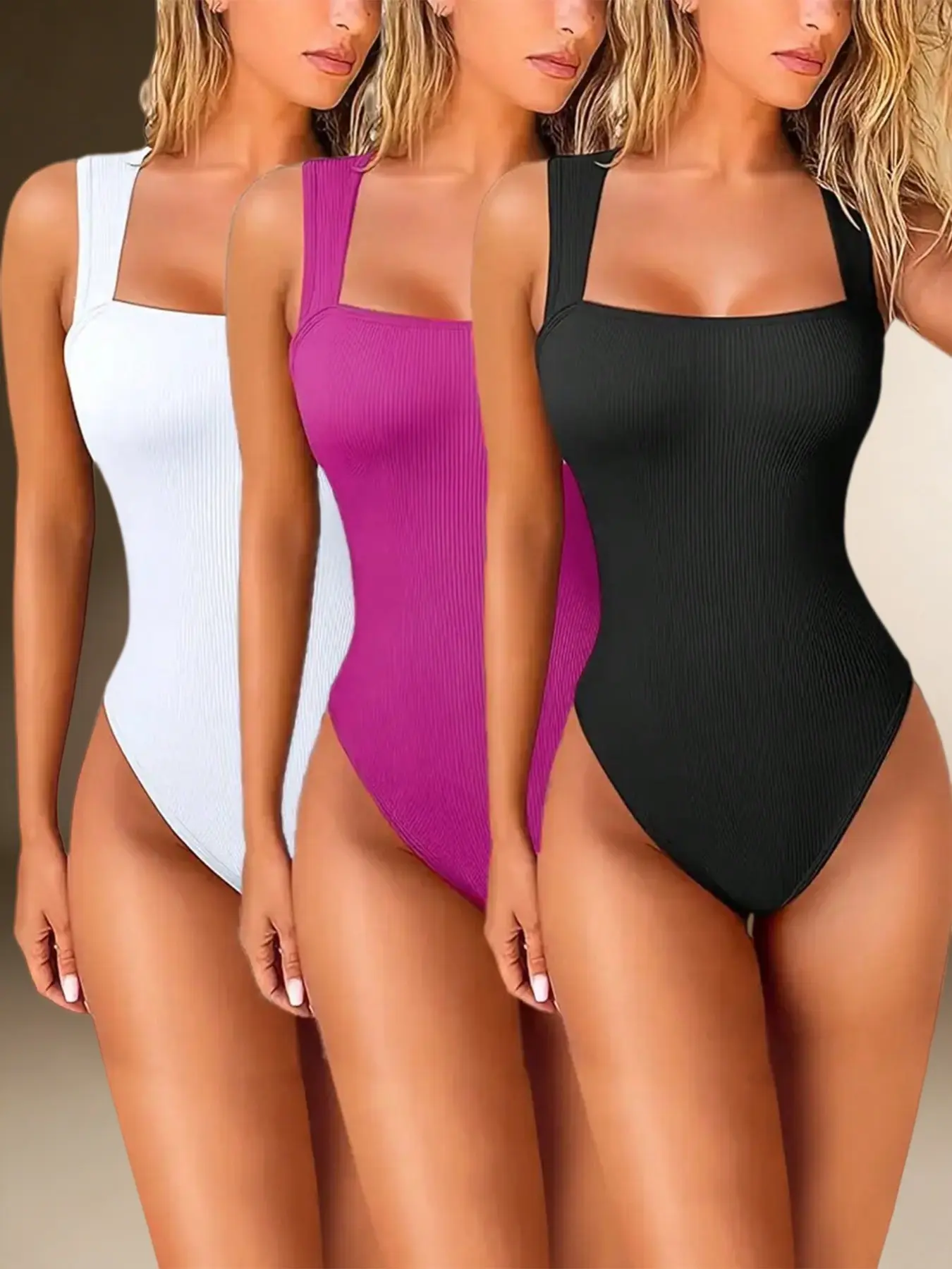 Women's New Square Neck Sleeveless Jumpsuit Set, Slimming Waist Cinching Bodysuit, Three-Piece Tight-Fitting Outfit, Fashionable, Casual and Comfortable, Waist Shaping Bodysuit, Tummy Control Bodysuit