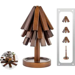 Wooden Tree Shape Trivet Set, Bamboo Trivet Set with Organizer Rack Coaster Home Decor, Housewarming Gift,Brown