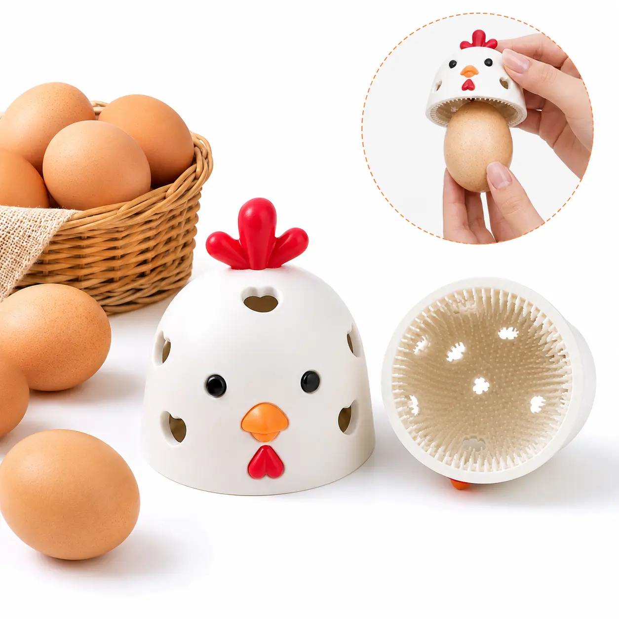 Silicone Egg Cleaner for Fresh Eggs, Chicken Shaped Egg Washer Brush with Soft Bristles, Reusable Egg Scrubber Tool for Farm Fresh Eggs, Chicken Coop Accessories, Cute Easter Gifts for Chicken Lovers, White/Brown