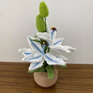 Crochet Flowers in Pot Artificial Lily Flowers Knitted Flower Bouquet Handmade flowers for Home Room crochet lily in Pot, Easter Lily