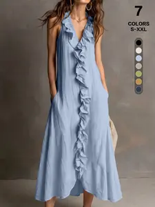 Women's Plain V Neck Dress, Casual Dress for Daily Wear, Ladies Clothes for All Seasons, Comfortable & Stylish Everyday