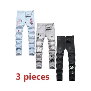 Men's 3 Pack Casual Jeans, Blue & Grey & Black Ripped Fashion Street Style Denim Pants, Breathable Comfy Trouser Suitable For Fall Wear, Size 28 Jeans Menswear Outfit