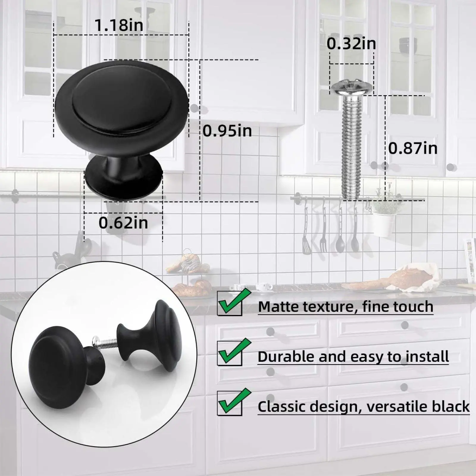 12Pack Modern Matte Black Alloy Round Cabinet Knobs, 1.1in Pull Handles with Matching Screws for Kitchen Drawers, Dressers
