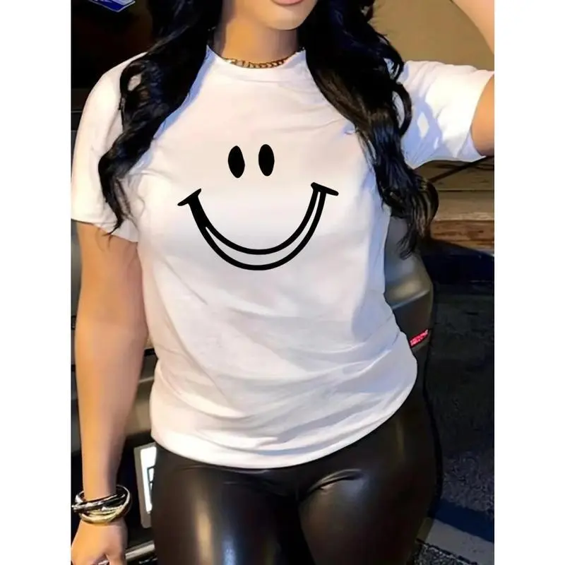 [Unisex]Soft & Comfy Women's joyful Face T-Shirt, Casual Short Sleeve, Crew Neck in Black - Lightweight & Breathable for All-Season Wear