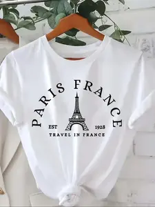 Women's Eiffel Tower & Letter Print Round Neck Graphic Tee, Vintage Trendy Casual Short Sleeve T-shirt for Daily Wear, Ladies Summer Outfit, Womenswear