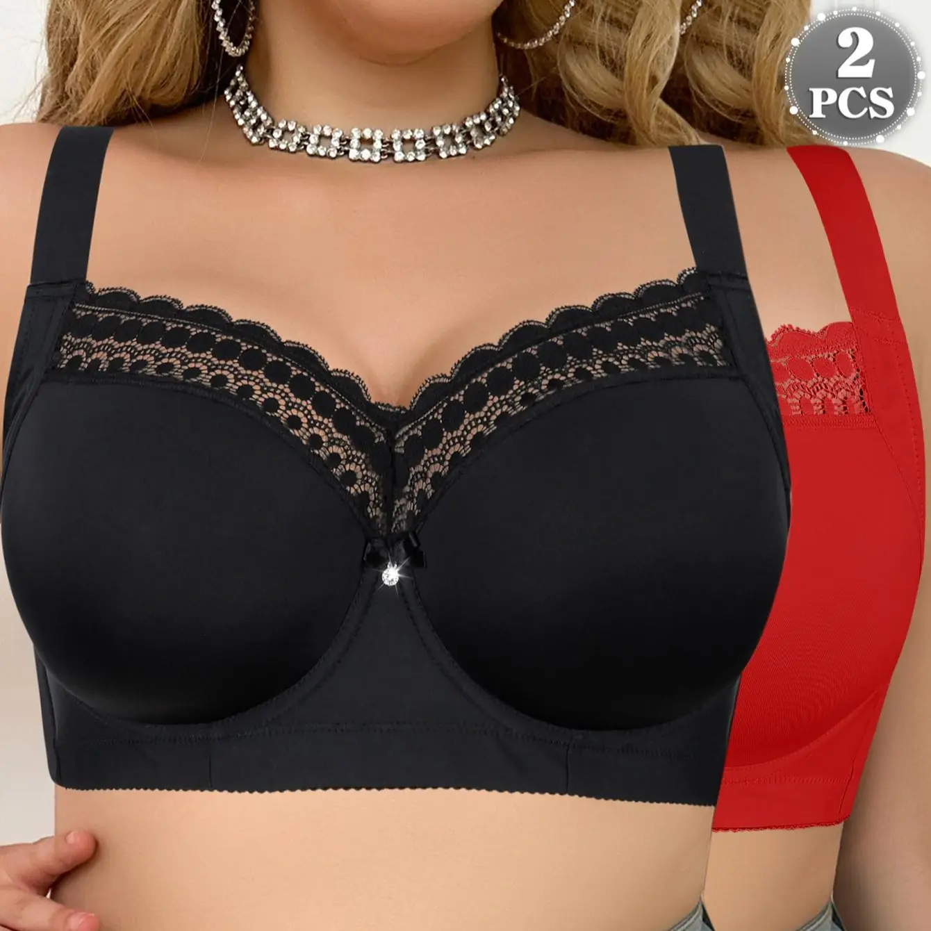 【mothersdaygift】MImilemon 2PCS Enchante Floral Lace Plus Size  Minimizer Full Coverage Bra Women's Wear Comfortable Everyday Everyday Seamless bra  for  big  bust Size Lingerie Set plus  size Elegant Elegance Style