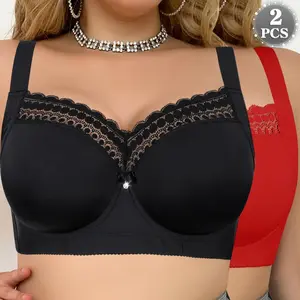 MImilemon 2PCS Enchante Floral Lace Plus Size  Minimizer Full Coverage Bra Women's Wear Comfortable Everyday Everyday Seamless bra  for  big  bust Size Lingerie Set plus  size Elegant Elegance