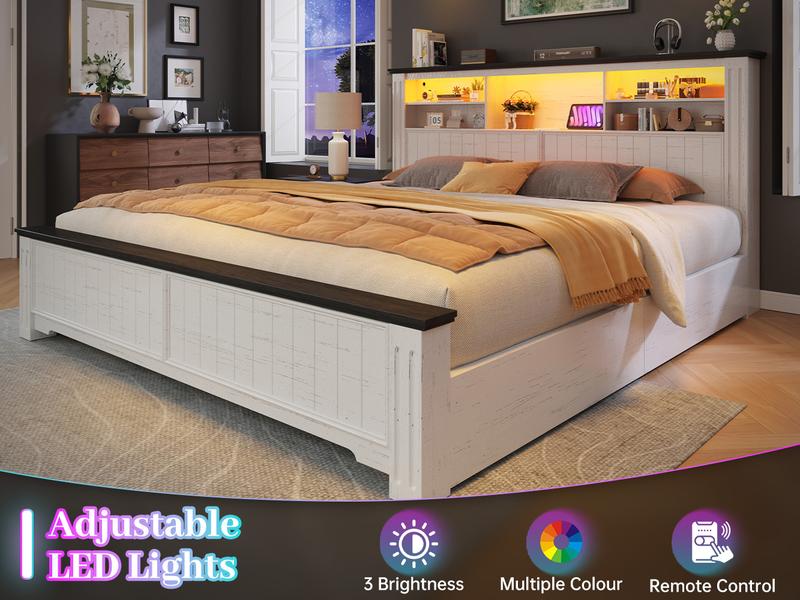 Raybee Full Queen King Bed Frame with 4 Storage Drawers, LED and Charging Station, Farmhouse Bed Frame with Headboard and Metal Slats, Holds 900LBS, Noise-Free Raybee Full Queen King Bed Frame with 4 Storage Drawers, LED and Charging Station, Farmhouse Bed Frame with Headboard and Metal Slats, Holds 900LBS, Noise-Free