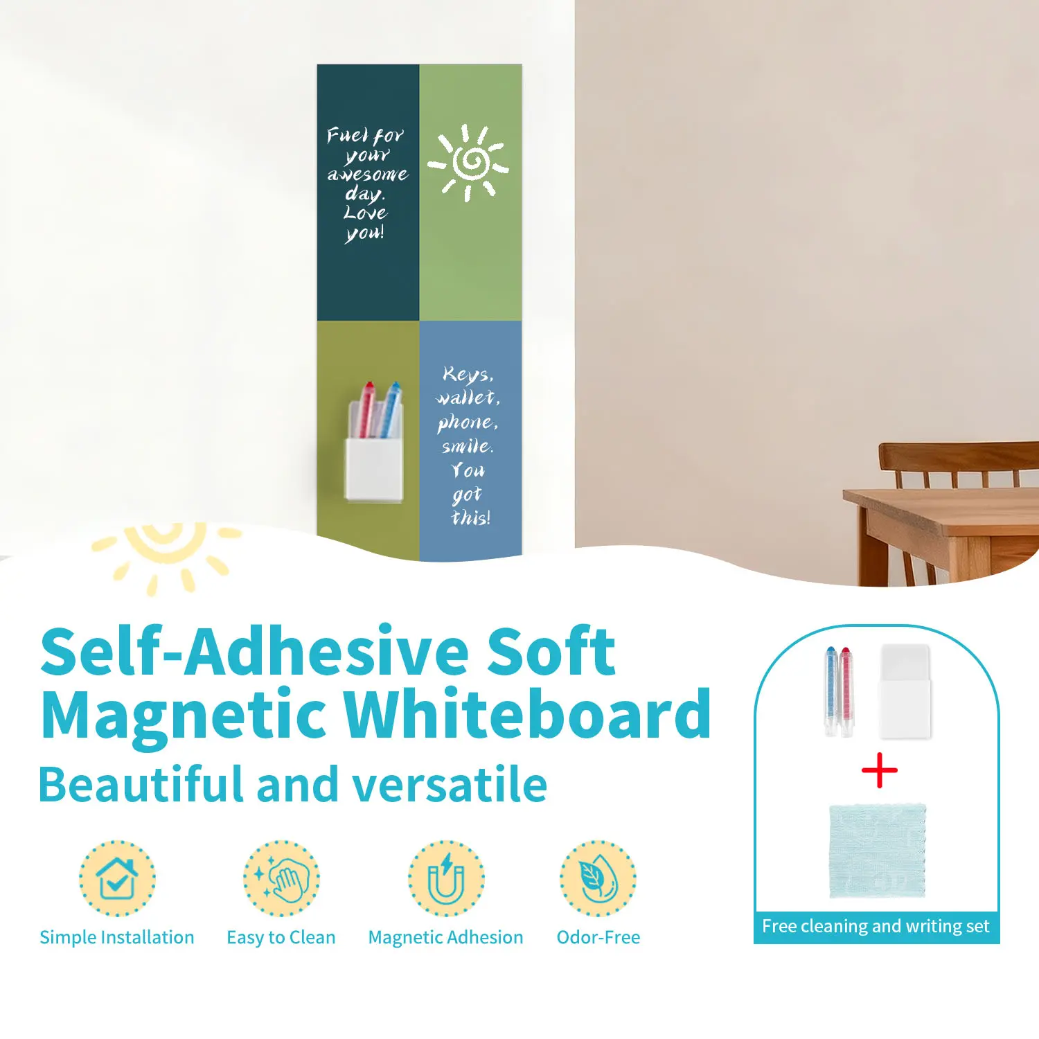 Self-Adhesive Magnetic Whiteboard Wall Sticker, Removable Vinyl Decal, Multi-Color Design, Easy to Clean, Reusable, Home Decor, 100cm X 40cm