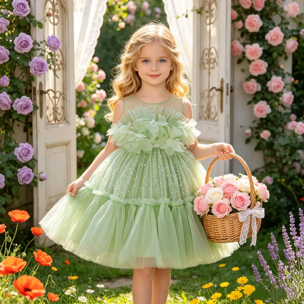 Girls' Floral Mesh Ball Gown Dress 6138 - Birthday Party Dresses for Flower Girl, Fashion Show, Piano Performance Events