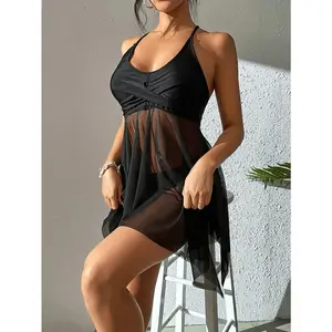 2026 Sexy Mesh Dress Two-piece Bikini Women Sling Swimsuit Tight Backless Swimwear Summer Cross Push Up Beach Skirt Bathing Suit
