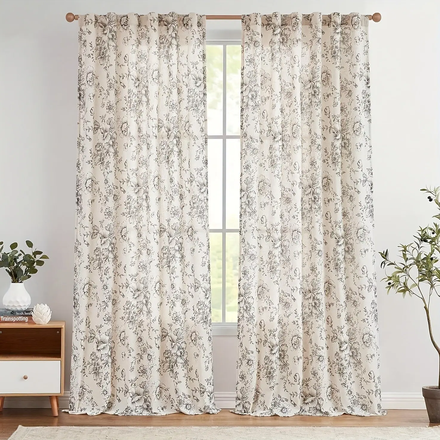 Vintage Ink Painting Curtain Set, Plant Floral Pattern Design, Window Drapes, Ideal for Living Room & Dining Area Decor, Country Style Home Accents, Home Decorative Curtain, Home Decoration Curtain