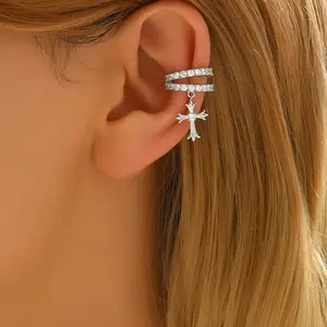HBEH1051 Cross Dangle Ear Cuff No Piercing Double Band Paved Wrap Ear Clip Gothic Fashion Accessories for Women Girls