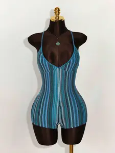 INAWLY Knitted Blue Unitard With Spaghetti Straps And Eye-Catching Stripes Suspender Triangle Cup Texture Bohemian Holiday Style Backless Cross Strap Tight Jumpsuit Shorts