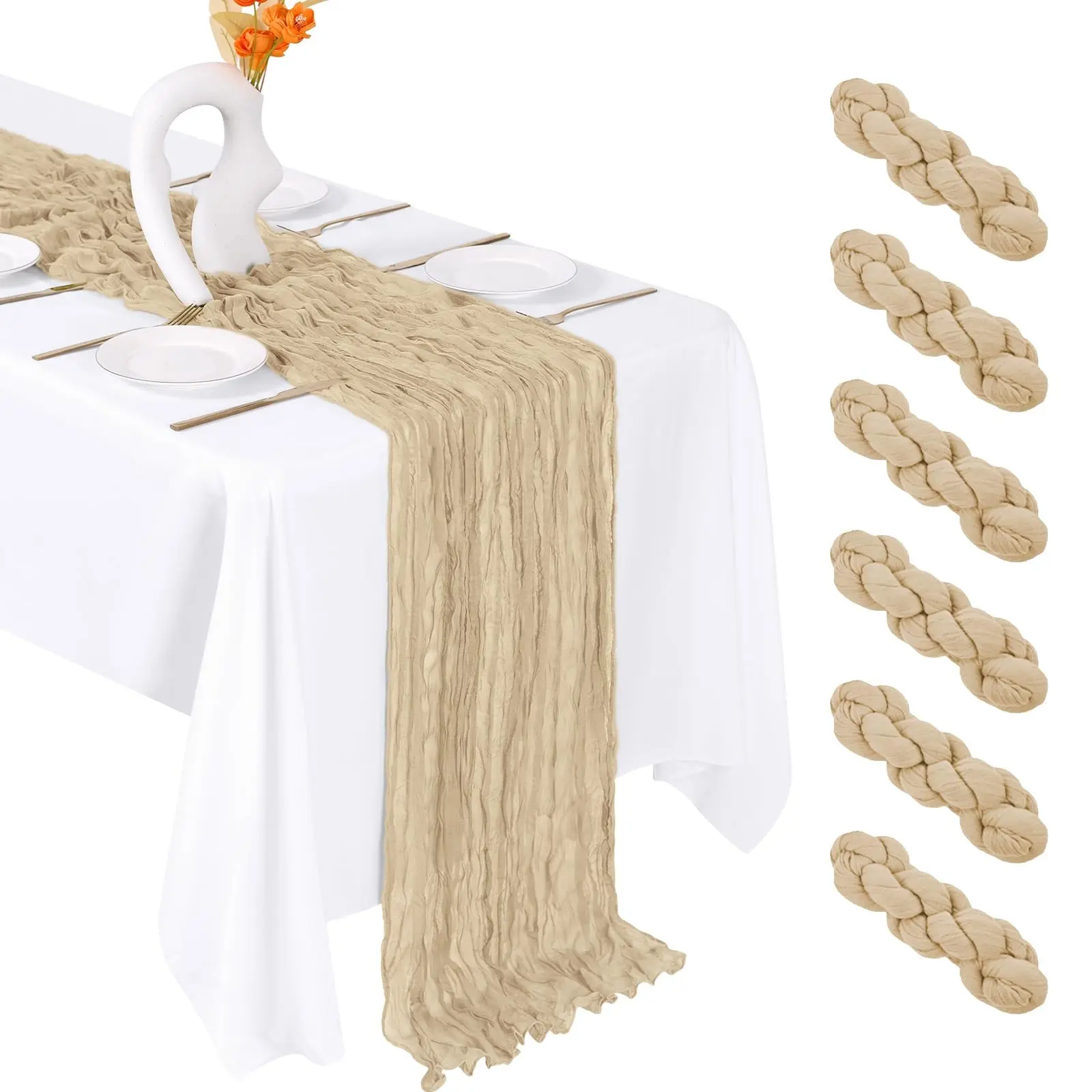 Bohemian Crinkled Cheesecloth Table Runner 274×43cm 9FT 17×108in Sheer Gauze Decor,6 Neutral Muted Shades,6Pcs Same Shade Per Pack No-Iron Anti-Fray Fade Resistant Foldable Decor For Dorm Apartment Wedding Birthday Holiday Picnic Vanity Photo Backdrop