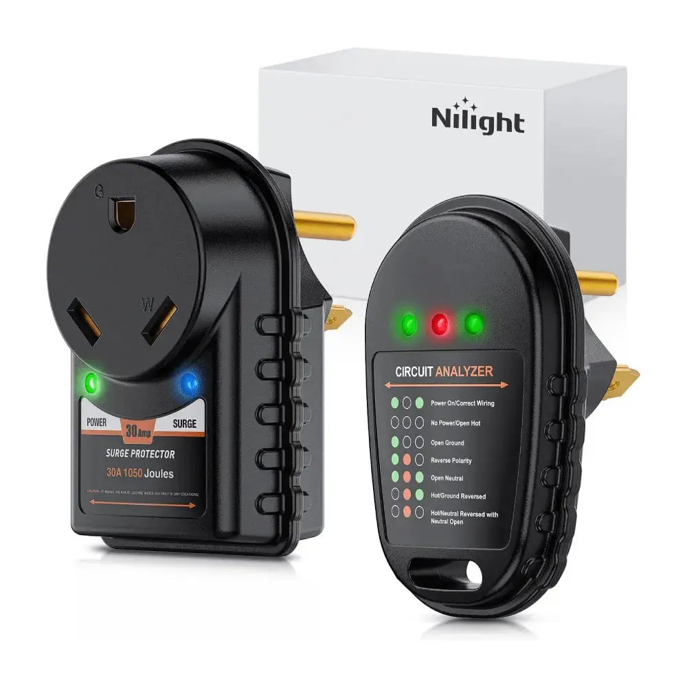 Nilight 30A Portable RV Surge Protector & 30A Circuit Tester, Pure Copper Plug Adaptor Set for RV Campers & Trailers, Plug-and-Play Auto Battery Accessory for Power Testing