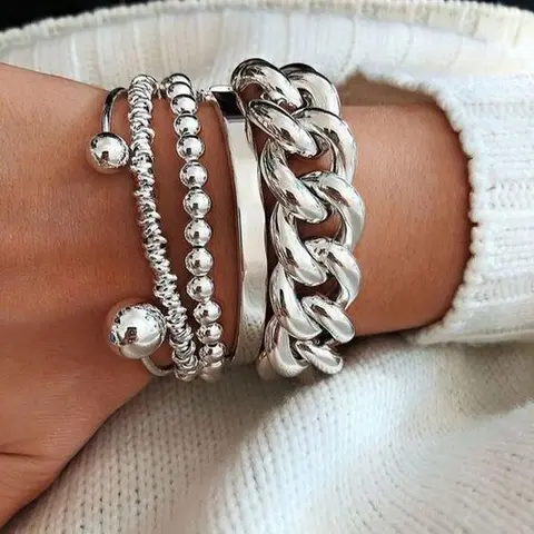 Fashion Chain Open Cuff Bracelet Set, 5Pcs Stackable Cuban Chain Layered Chunky Beaded Bangle, Vintage Exaggerated Old Coin Adjustable Minimalist Trendy Jewelry Accessories, Unisex Fashion Jewellery for Daily Wear Date Party Vacation Holiday Gift