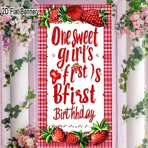 2D flat banner, 1pcStrawberry First Birthday Backdrop, Red White Checkered Polka Dot Birthday Party Banner with Cute Strawberry Motif, Festive 1st Birthday Decorationsgalentines party decor, valentine day decor, decorations for valentines day