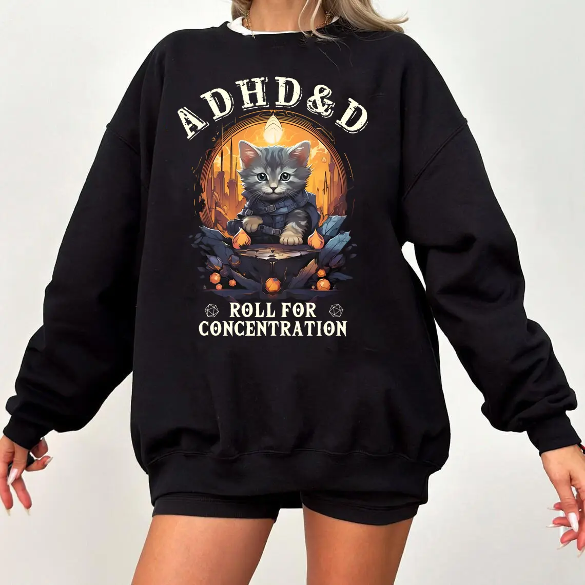 ADHD&D Roll for Concentration Sweatshirt,  ADHD&D Cat Shirt, Dungeons and Dragons Dnd T-shirt, DnD Vintage Tee, ADHD Unisex shirt, DnD Shirt, RPG Gift, Dungeons Master Sweatshirt, D20 Shirt, RPG Gift, D&D Shirt