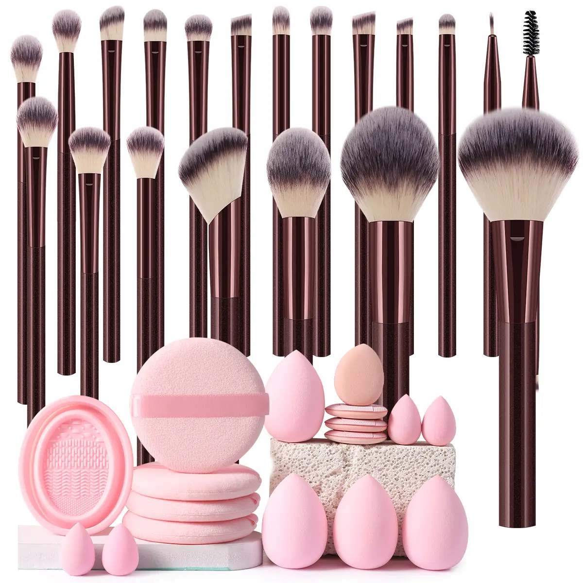 37PCS All-in-One Summer Beauty Essential: 20 Ultra-Soft Premium Synthetic Fiber Makeup Brushes + Practical Detachable Cleaning Bowl + 16PCS Triangular & Heart-Shaped Velvet Powder Puffs – Ideal for Daily Makeup, Travel & Gift-Giving, Makeup Brush Cleaner,