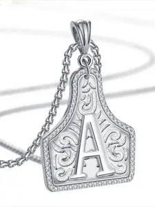 Handmade Cow Tag Necklace with Copper Initial A-Z Letter Pendant Necklace Alphabet Letter Necklace Mens Womens Capital Letter Stainless Steel Box Chain 22inch Valentine's Day Gift｜Unisex Fall Gift, Christmas Trendsetter Letters Necklace