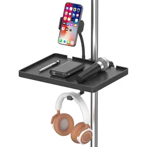 Universal Microphone Stand Tray with Phone Holder, Adjustable Mic Stand Tray Shelf Clamp On Utility Shelf - 8.7" x 6.5" Music Stand Tray Attachment for Music Sheet, Live Streaming, Karaoke, Recording