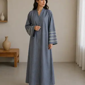 Embroidered Cotton Abaya with Sleeves Embroidery V Neck Front Closed Traditional Design for Women