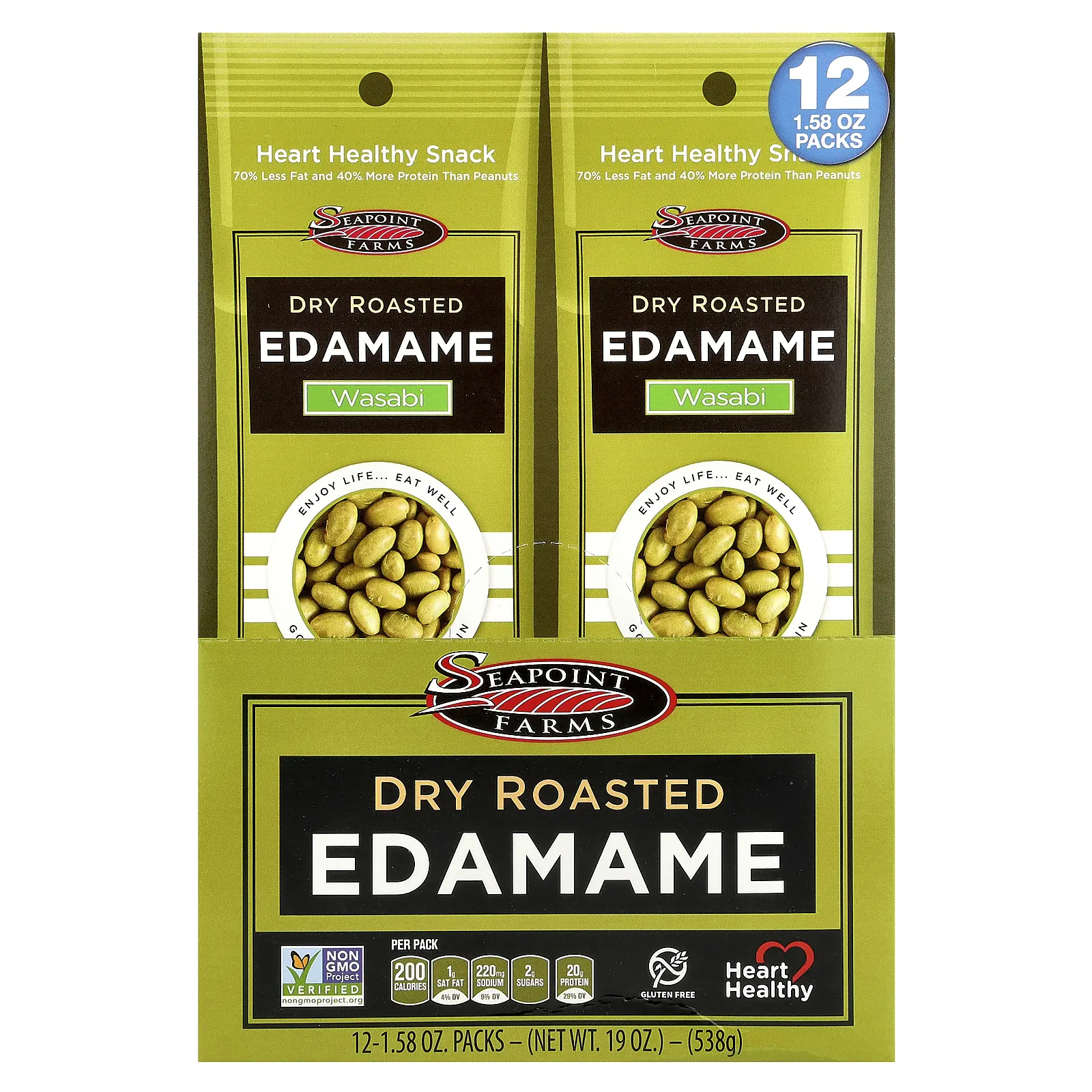 Seapoint Farms Dry Roasted Edamame, Wasabi, 12 Packs, 1.58 oz (45 g) Each
