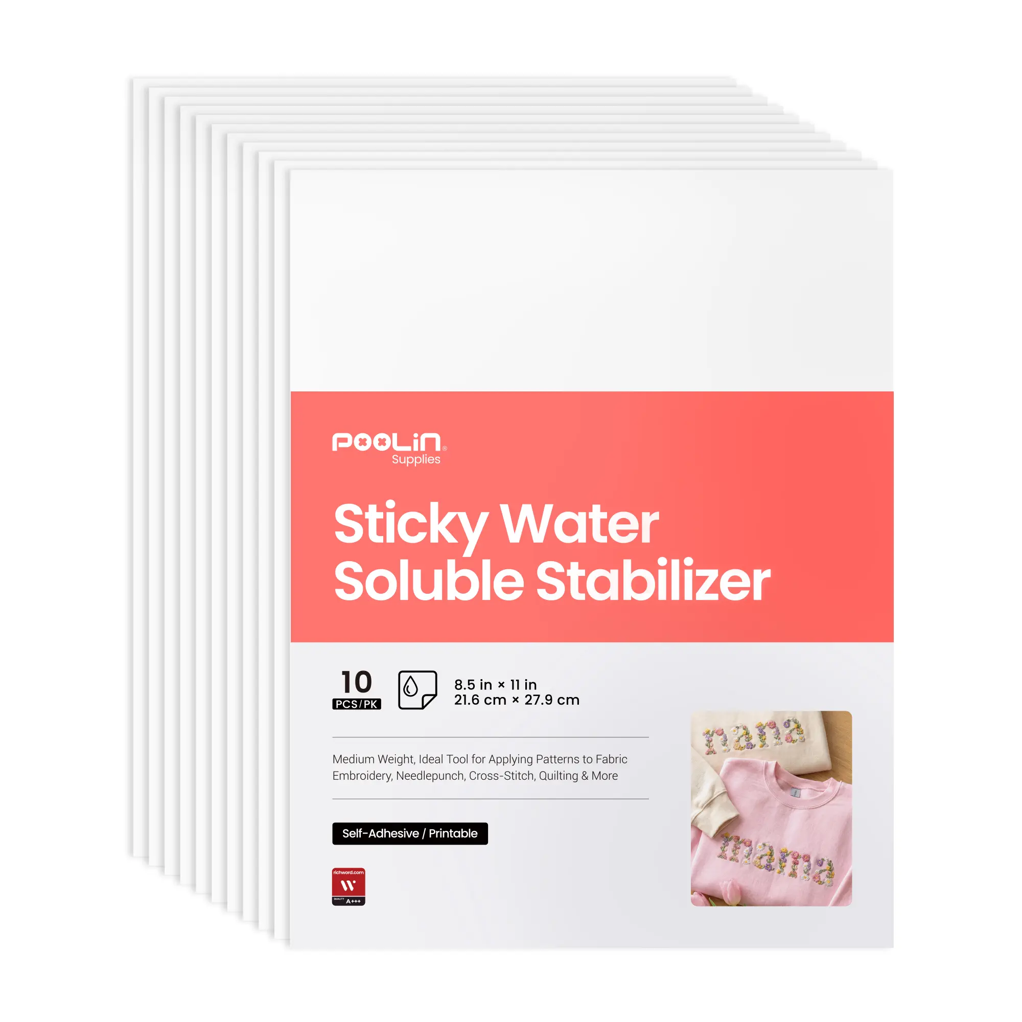 PooLin Richword Classic Sticky Printable Water-Soluble Stabilizer Paper, 8.5in x 11in, 10/15/30 Sheets, for Machine & Hand Embroidery - Melts in Cold Water, Babywear Ready, Holds Stretch Knits Steady, Holds Terry Fleece, Hoop-Mark Free