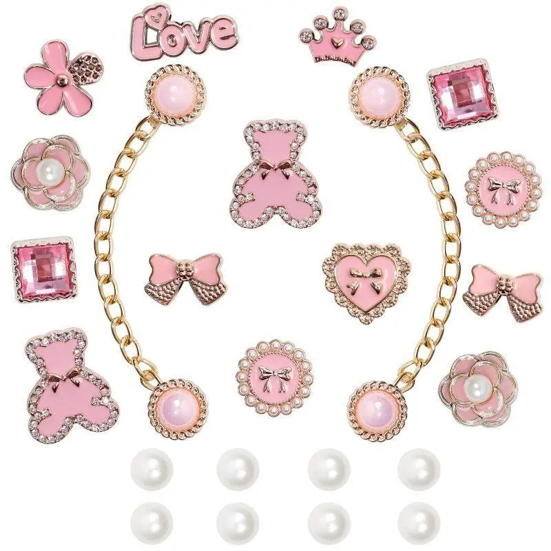 Pink Shoe Charms Chain Accessories for Women, Pearl Flower Shoe Decoration Charms with Rhinestone Bling, Cute Fashion Shoe Accessories for Everyday Wear, Party, Vacation, Birthday & Holiday Gifts