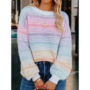 Women'sRainbowStripePrintDropShoulderSweater,ElegantCasualLongSleeveRoundNeckJumperforFall&Winter,FashionLadies'KnitwearforDailyWear