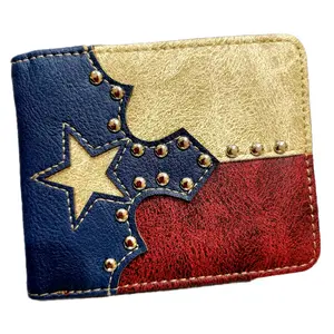 Texas  Flag Western wallet  short bi-fold patchwork and studded faux leather wallet with patriotic theme wallet.