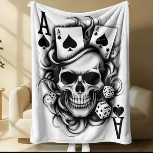 Skull & Ace of Spades Flannel Blanket, Bold Casino Digital Print, Soft Warm Cozy Throw for Bed Sofa, Ideal Gift for Poker Fans