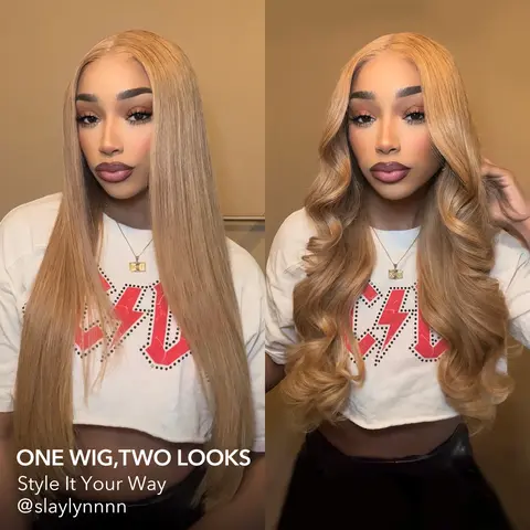 Female Honey Blonde #27 Human Hair Wig - 7×5 Pre-Cut Lace Closure, Glueless Beginner-Friendly Easy Install, Pre-Plucked Natural Hairline, 200% Density, Water Wave or Straight, Can Be Straightened Curled or Restyled, Everyday Sohochic Wig