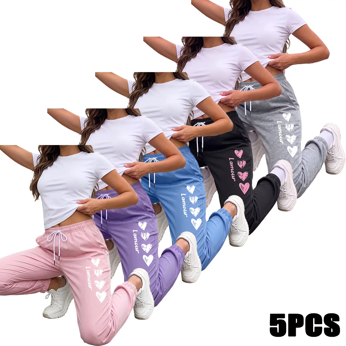 Women's 5-Pack Polyester Sports Pants - Soft, Comfortable, Plain & Stylish Printed, Elastic Waistband with Pockets, Regular Fit for Yoga, Gym, Spring/Autumn Casual Wear (Women's Pants Multi Pack), Sweatpants For Women, Female