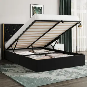 Black Queen Size Lift Up Storage Bed Frame with with Gold Wingback Headboard, Velvet Upholstered Bed Frame with Diamond Tufted Design & Gold Trim, Hydraulic Support, No Box Spring Needed