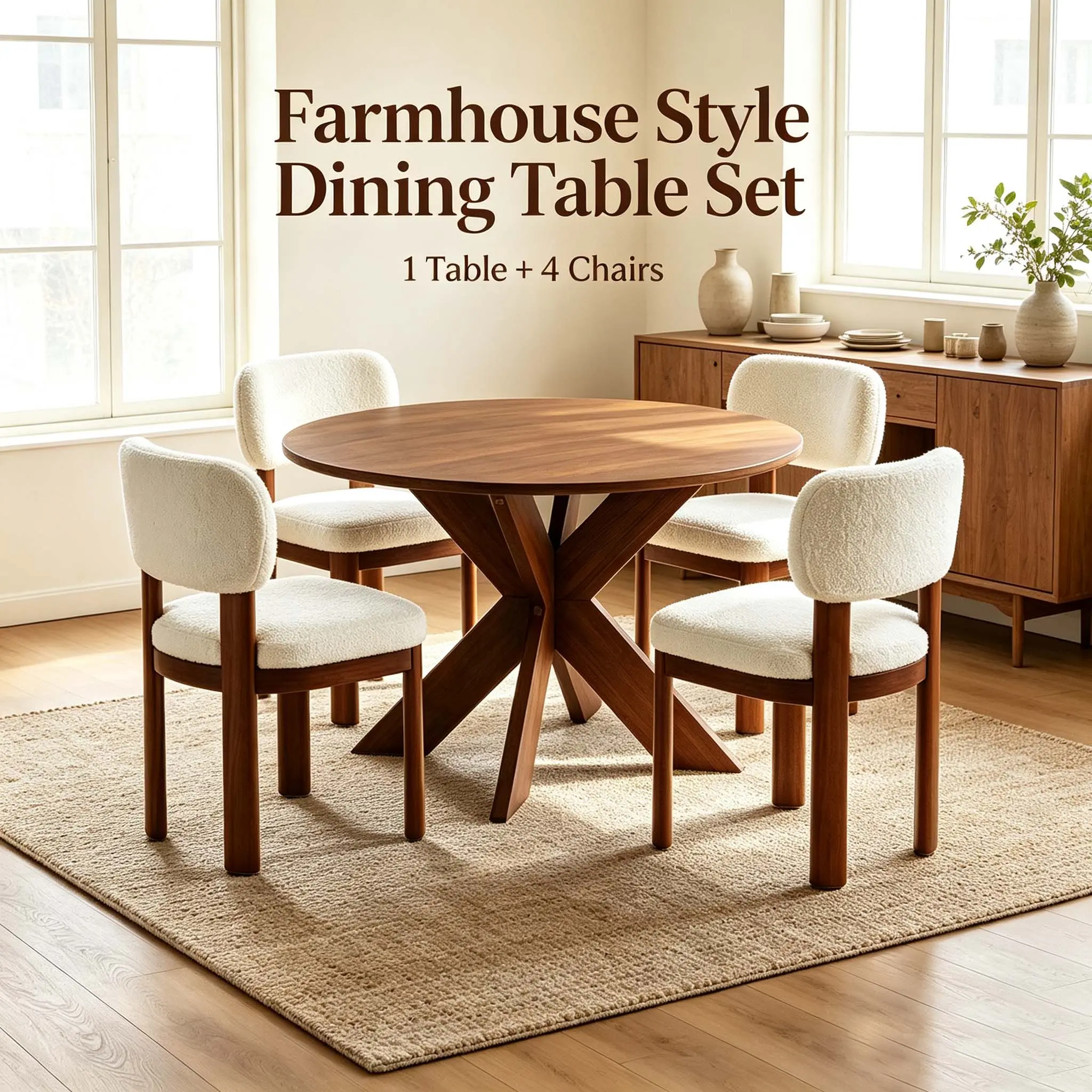 5-Piece Farmhouse Round Dining Set, Cherry Table & 4 Beige  , Space-Saving Compact Kitchen Set, Easy Assembly for Small Dining Room upholstered chair wood furniture kc clean china factory