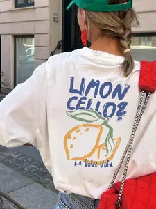 Women's Lemon Graphic Print Round Neck Tee, Vintage Trendy Casual Short Sleeve T-shirt for Daily Wear, Ladies All Seasons Outfit, Top