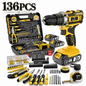 20V Cordless Drill Tool Set (136-Piece) – Rechargeable Li-Ion Battery Drill Kit with Charger, Daily Home Repair Accessories, Portable Carry Case for DIY, Furniture Assembly, Tools & Hardware Needs, Drill Type Drill Sets adjustable