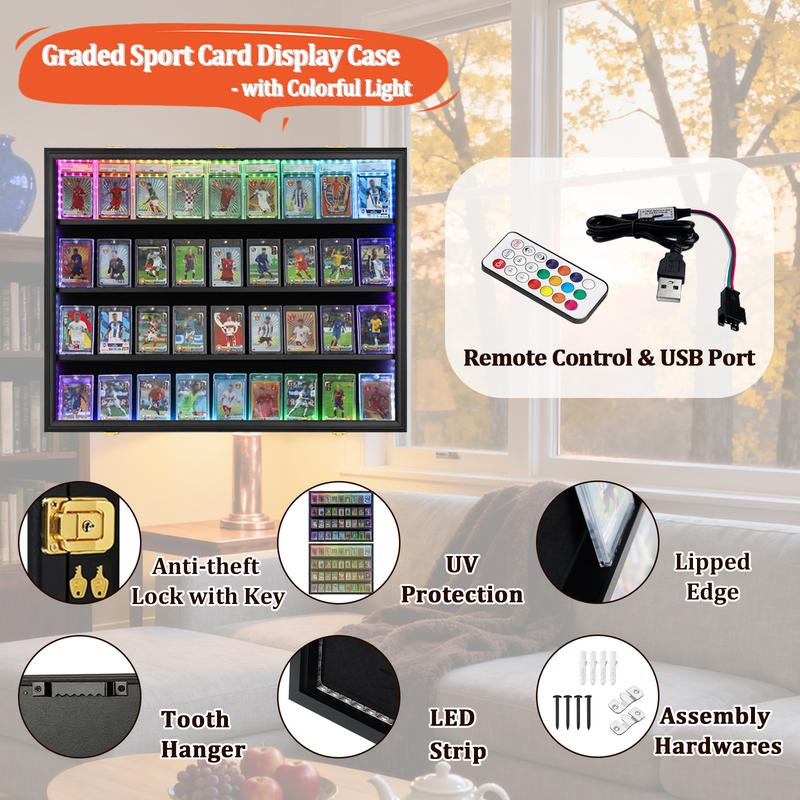 IHEIPYE LED Baseball Card Display Case 36 Graded Sports Card Frame with UV Protection Clear View Lockable Wall Cabinet for Football Basketball Trading Cards Horizontal Wood